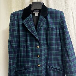 VINTAGE Pendleton Blazer Womens 12 Plaid 100% Wool Jacket Velvet Trim USA